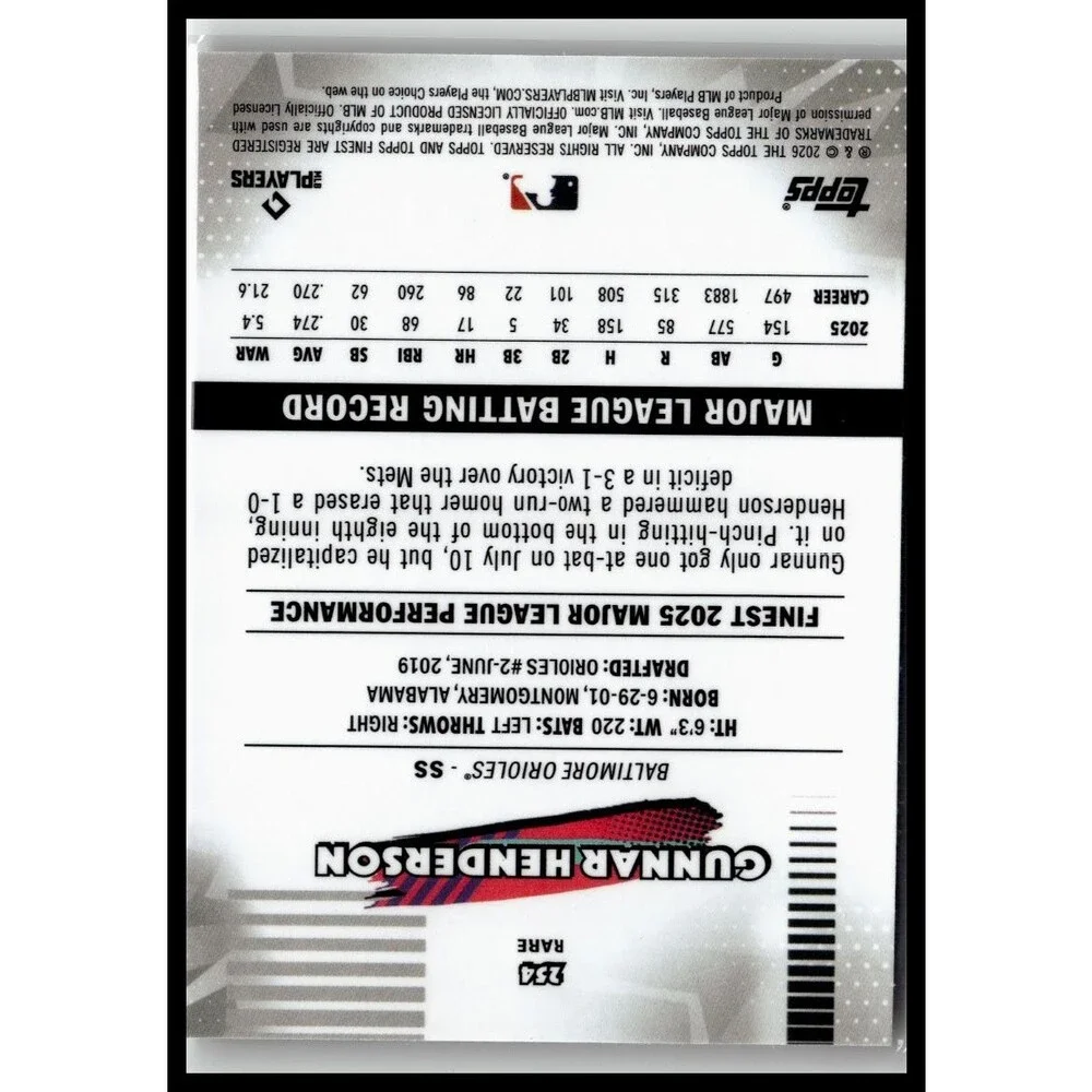 2026 Topps Finest Gunnar Henderson #254 Baltimore Orioles RARE